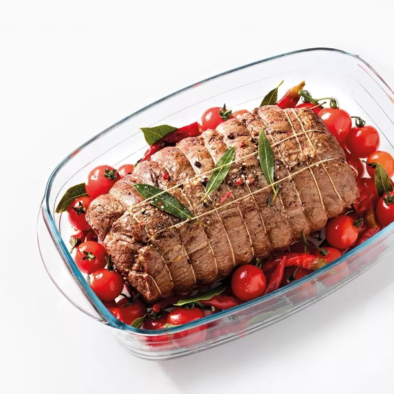FUENTE RECTANG. 39*24 ARCUSINE 249BA00 de vidrio transparente con borde pulido, ideal para horno y presentación de platos.
