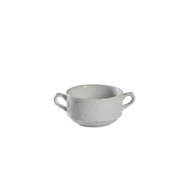 TAZA CONSOME AUGUSTA 9655 DALPER cerámica blanca con dos asas y acabado liso, ideal para servir caldo.