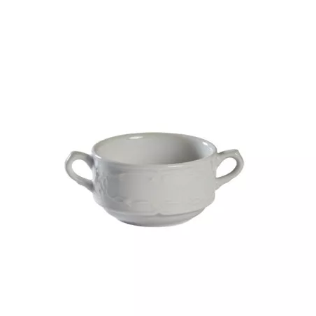 TAZA CONSOME AUGUSTA 9655 DALPER cerámica blanca con dos asas y acabado liso, ideal para servir caldo.