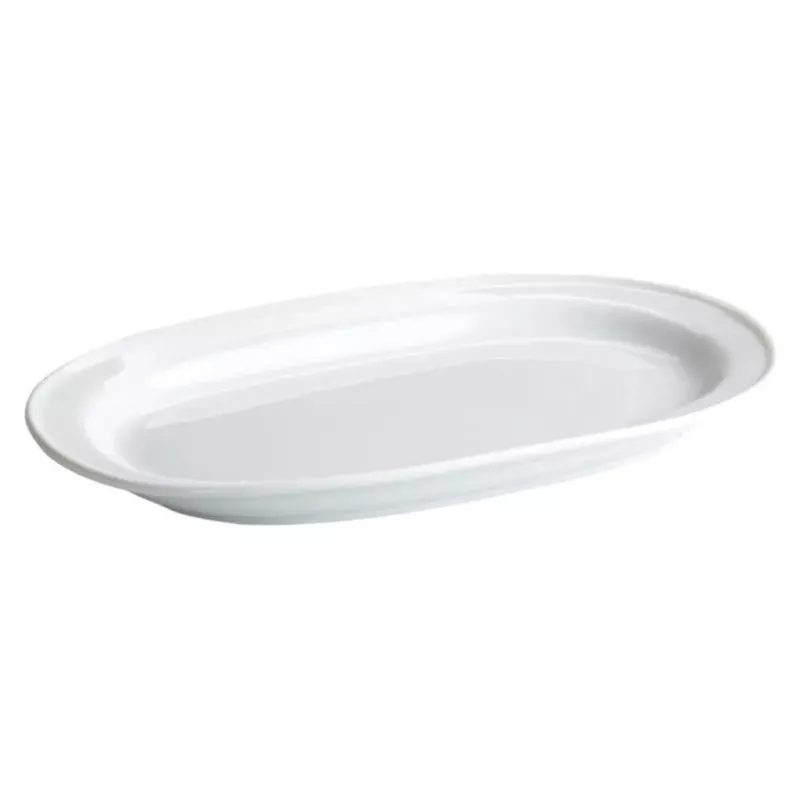 Fuente oval 29x18 B2322 de porcelana blanca con diseño elegante y acabado brillante.