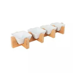 SET BOL 4P B1255 SOPORT BAMBU B4822, cuatro recipientes blancos en soporte de bambú, diseño moderno y funcional.