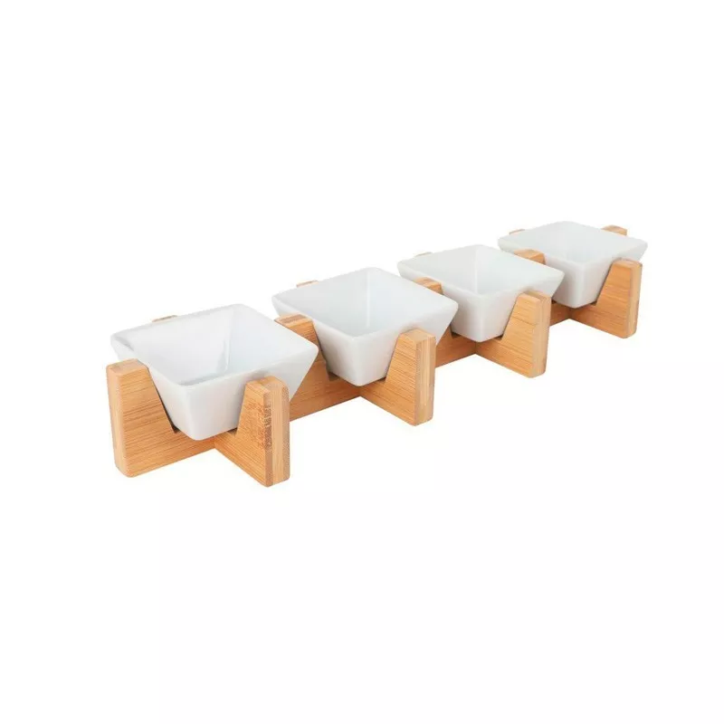 SET BOL 4P B1255 SOPORT BAMBU B4822, cuatro recipientes blancos en soporte de bambú, diseño moderno y funcional.
