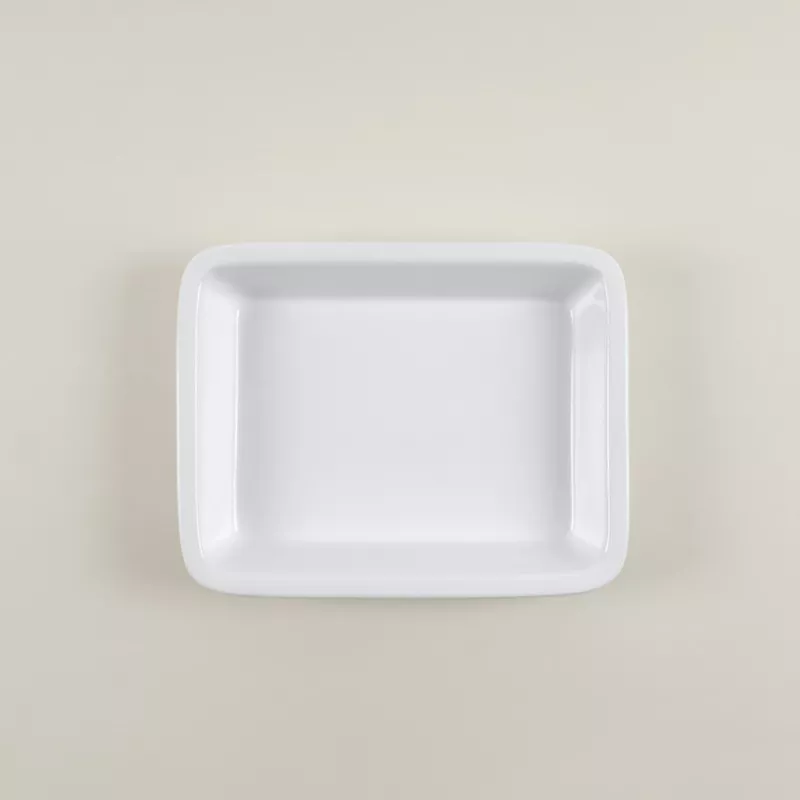 FUENTE BUFFET 36*28 EURODRA rectangular de cerámica blanca, ideal para servir alimentos en mesas.