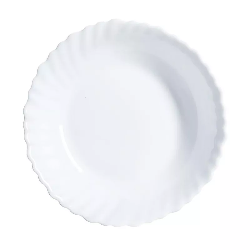 FUENTE FESTON REDONDA HONDA blanca de cerámica con diseño estriado y acabado brillante, ideal para postres.