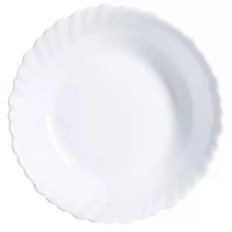 FUENTE FESTON REDONDA HONDA blanca de cerámica con diseño estriado y acabado brillante, ideal para postres.