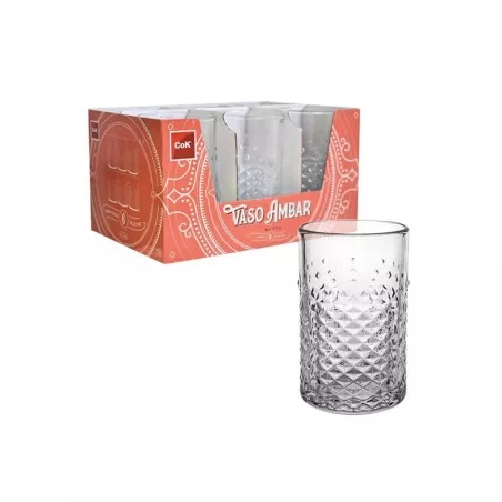 VASO AMBAR ALTO 45 CL COK ALAR de vidrio transparente, con diseño tallado y acabado brillante.