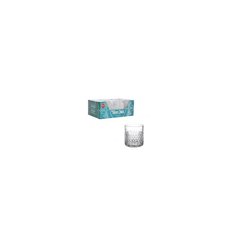 VASO ONIX 39 CL COK ALAR de vidrio transparente con diseño facetado y acabado brillante ideal para bebidas.