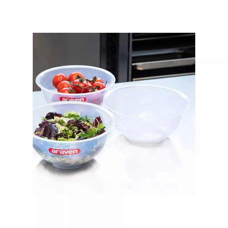 BOWLS POLIPROPILENO ARAVEN 1072 2,5L transparentes y resistentes ideales para ensaladas y almacenamiento de alimentos.
