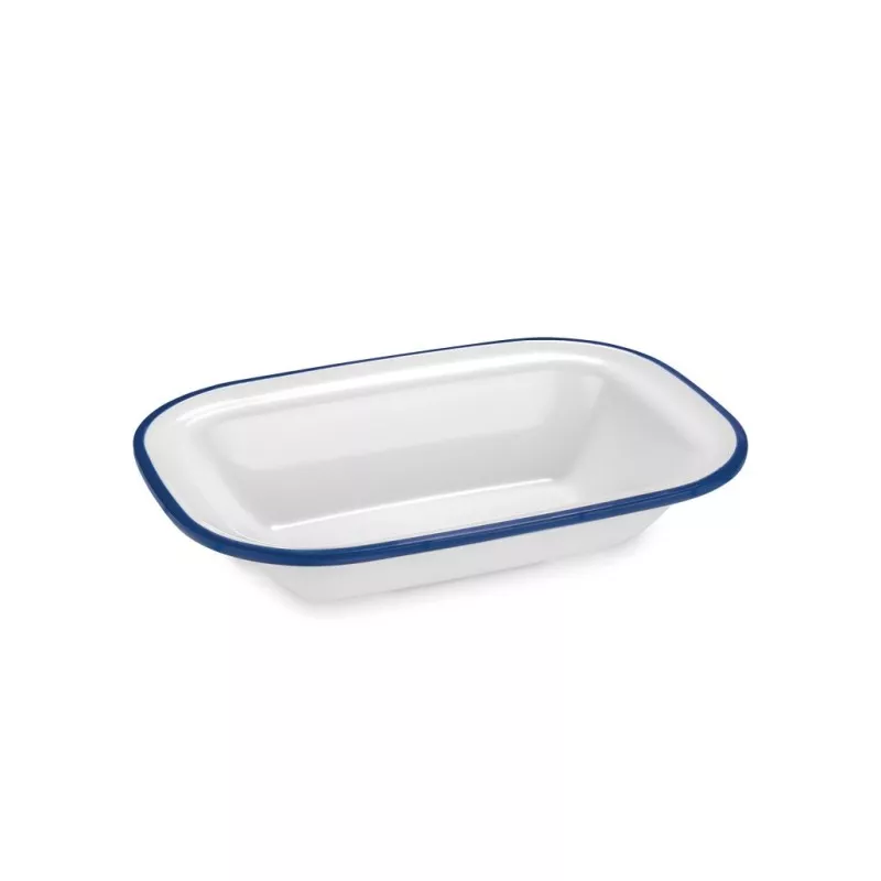 FUENTE RECT. PUJADAS 23X18X5 P22728 de cerámica blanca con borde azul y diseño rectangular para servir alimentos