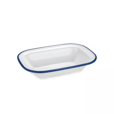 FUENTE RECT. PUJADAS 23X18X5 P22728 de cerámica blanca con borde azul y diseño rectangular para servir alimentos
