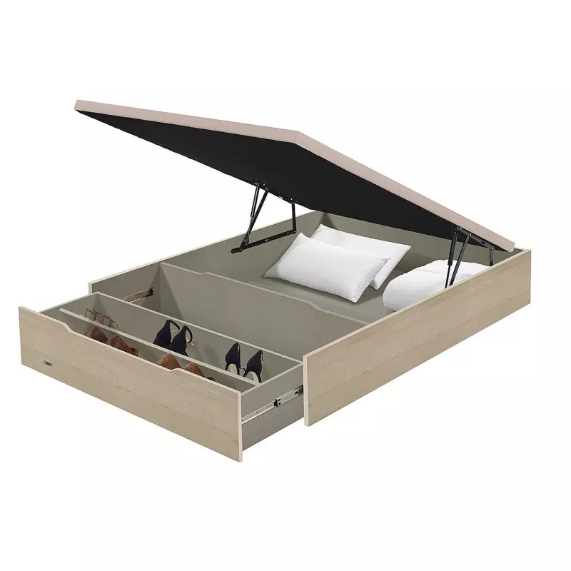 Canapé abatible zapatero Flex 135x190 en madera clara con tapa 3D y compartimentos para calzado.