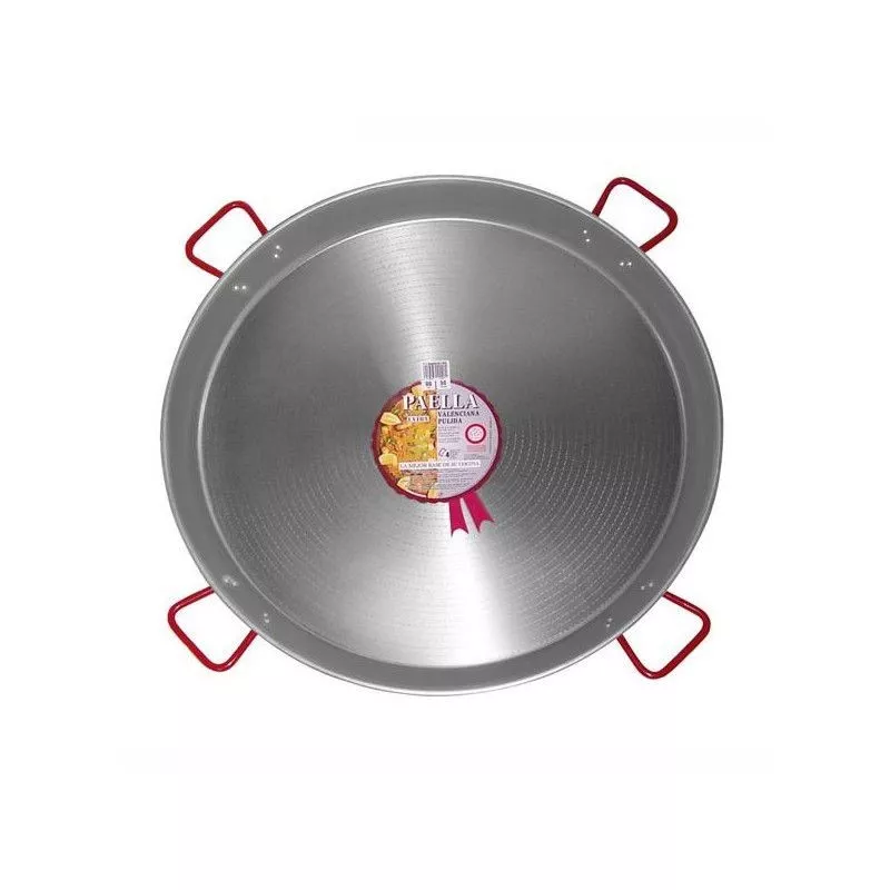 PAELLERA 130 HIERRO GARCIMA 200 RACIONES de acero inoxidable con asas rojas y diseño redondo ideal para comidas grandes