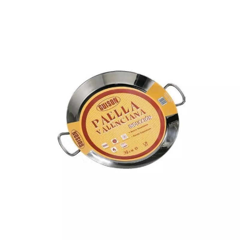 PAELLERA 28 GUISON INOX GARCIMA 74028 de acero inoxidable brillante con asas, apta para inducción y cocción uniforme.
