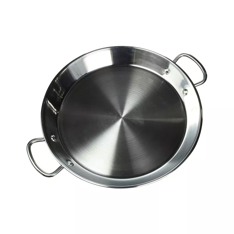Paellera 32 Guison Inox Garcima 74032 de acero inoxidable brillante con mango ergonómico y diseño clásico.