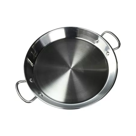 Paellera 32 Guison Inox Garcima 74032 de acero inoxidable brillante con mango ergonómico y diseño clásico.