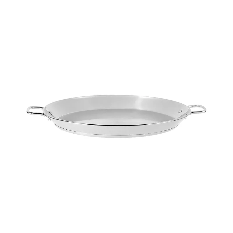 Paellera 32 Guison Inox Garcima 74032 de acero inoxidable con acabado pulido y diseño ovalado para cocina.