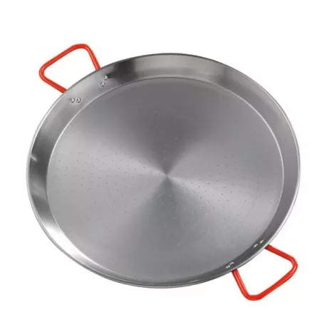 PAELLERA 46 HIERRO GARCIMA 12 RACIONES con acabado pulido y asas rojas, ideal para cocinar paellas grandes.