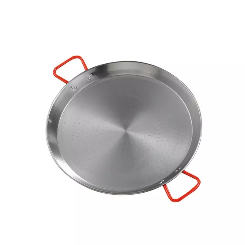 PAELLERA 50 HIERRO GARCIMA 14 RACIONES con asas rojas y acabado pulido, ideal para cocinar arroces.