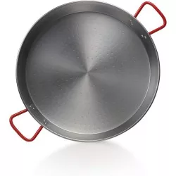 Paellera 70 hierro Garcima 25 raciones con acabado brillante y asas rojas para un mejor agarre.
