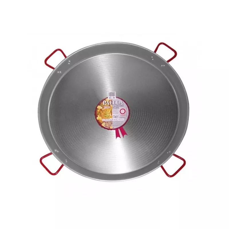 Paellera 90 hierro Garcima 50 raciones de color plateado con asas rojas y acabado pulido ideal para cocinar paellas.