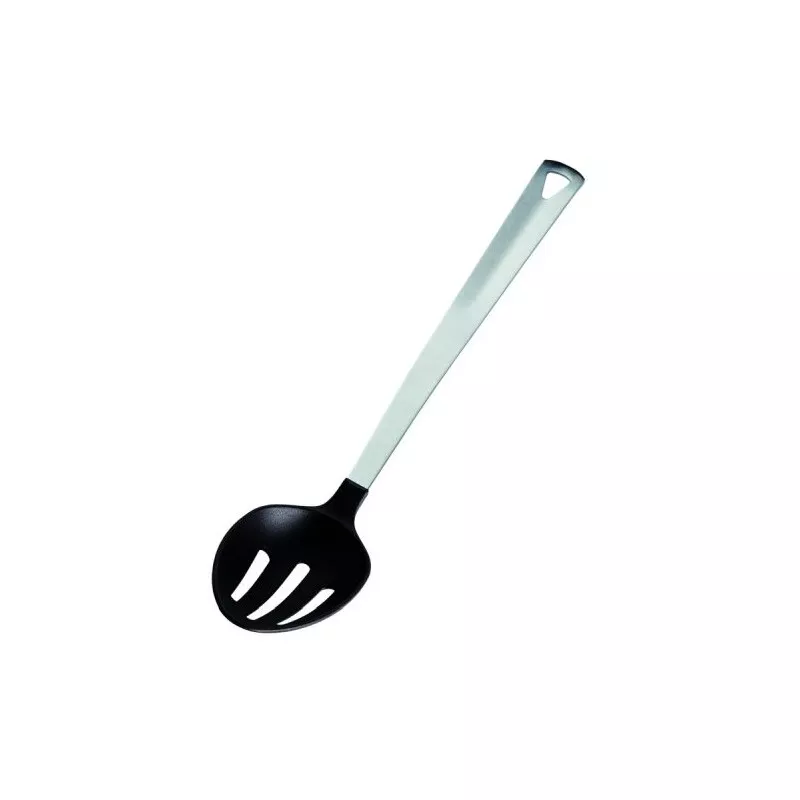 Cucharon nylon ranurado Inoxibar 35383 con mango inoxidable y diseño ergonómico para cocinar cómodamente.