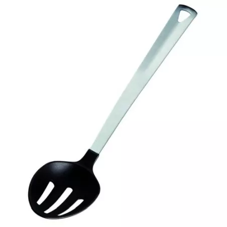 Cucharon nylon ranurado Inoxibar 35383 con mango inoxidable y diseño ergonómico para cocinar cómodamente.