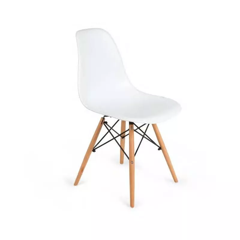 SILLA DERECK BCA 6071 de diseño moderno, color blanco, estructura de madera natural y base metálica.