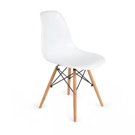 SILLA DERECK BCA 6071 de diseño moderno, color blanco, estructura de madera natural y base metálica.