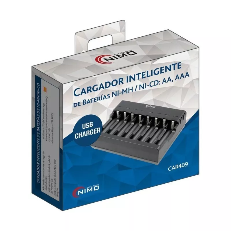 Cargador inteligente Nimo para baterías Ni-MH y Ni-CD AA y AAA con puerto USB y diseño compacto.