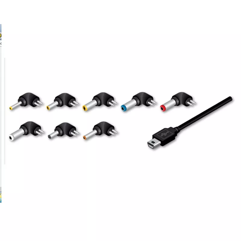 ALIMENTADOR ELECT. EST. 5V TMUAD038 con 8 conectores intercambiables de color negro y cable USB de 1 metro.