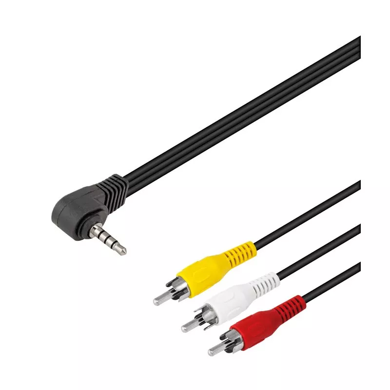 CONEXION JACK 4 PIN Ma 3 RCA M WIR275 cable de audio en color negro con conector en ángulo y tres rca en rojo, amarillo y blanco