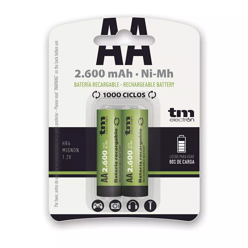 PILA RECARGABLE R6 NI-MH 2600MAH 2UND en color verde, batería recargable para 1000 ciclos, formato AA.