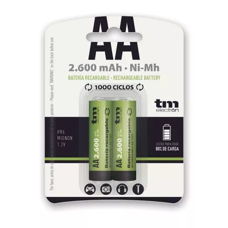 PILA RECARGABLE R6 NI-MH 2600MAH 2UND en color verde, batería recargable para 1000 ciclos, formato AA.