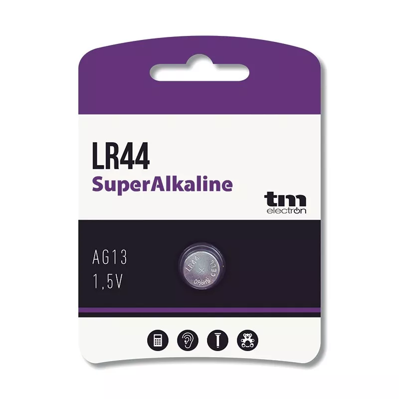 PILA ALCALINA LR44 BOTON TME 1,5V. TM 1 UND. de tamaño estándar, color plateado, adecuada para dispositivos electrónicos.