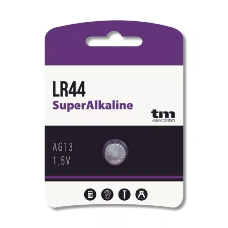 PILA ALCALINA LR44 BOTON TME 1,5V. TM 1 UND. de tamaño estándar, color plateado, adecuada para dispositivos electrónicos.