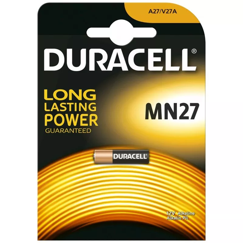 PILA ALCALINA MN27 12V DURACELL 1 UND batería pequeña de alto rendimiento para dispositivos electrónicos y de seguridad.