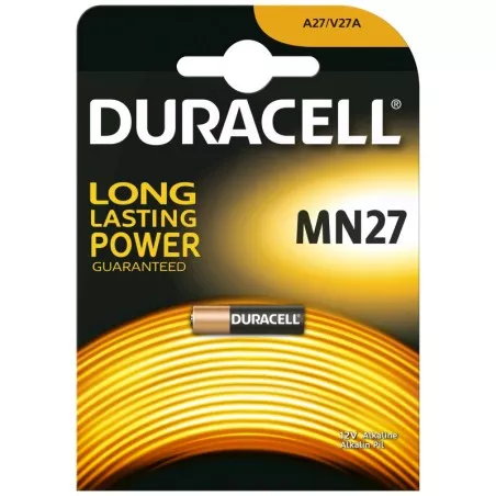 PILA ALCALINA MN27 12V DURACELL 1 UND batería pequeña de alto rendimiento para dispositivos electrónicos y de seguridad.