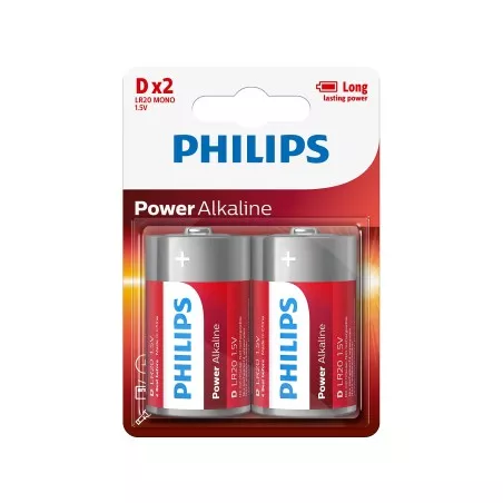PILA ALCALINA LR20 PHILIPS E2 LR20PHI de alto rendimiento, color gris con diseño compacto y larga duración.