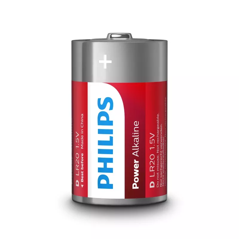 PILA ALCALINA LR20 PHILIPS E*2 LR20PHI de 1.5V, color rojo y plateado, ideal para dispositivos de alto rendimiento
