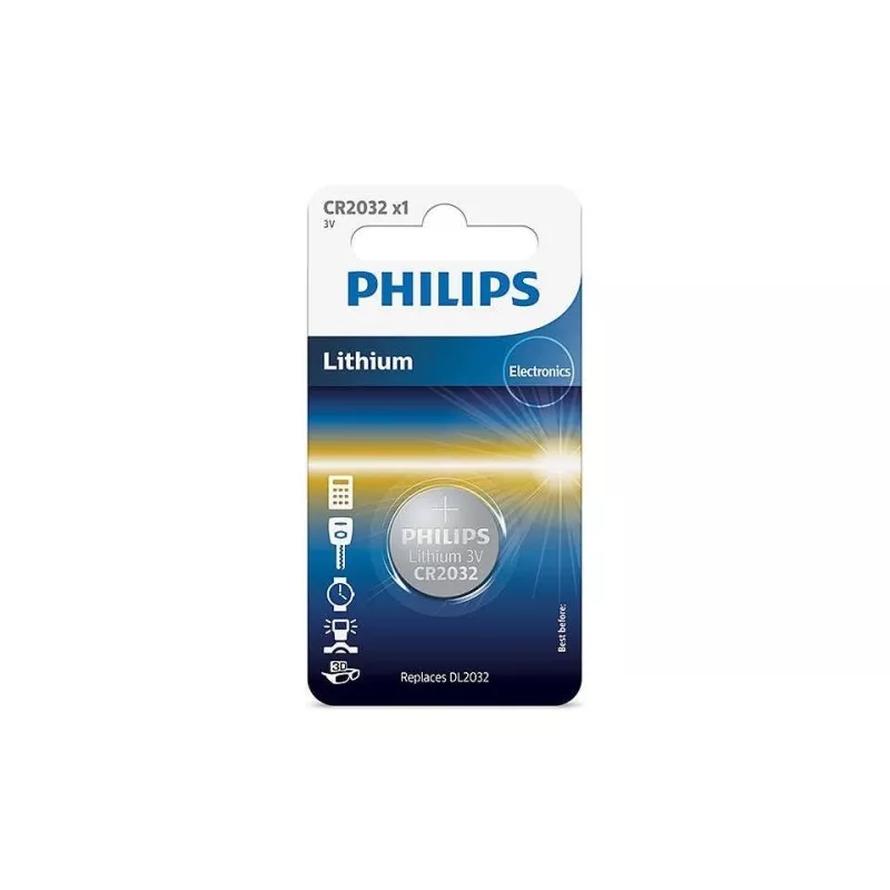 PILA BOTON CR2032 3 V. 210MAH PHILIPS de litio, diseño circular, ideal para dispositivos electrónicos compactos.