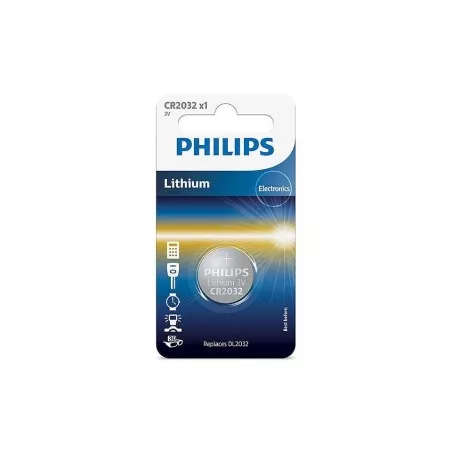 PILA BOTON CR2032 3 V. 210MAH PHILIPS de litio, diseño circular, ideal para dispositivos electrónicos compactos.