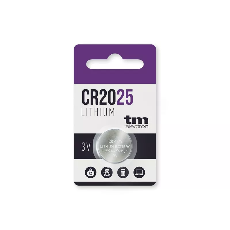 PILA BOTON CR2025 TME de litio 3V, diseño circular y acabado plateado ideal para dispositivos electrónicos.