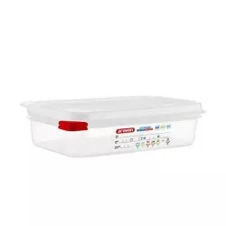 CUBETA ARAVEN 3026 1.8 L transparente con tapa roja, ideal para almacenamiento en cocina y organización.