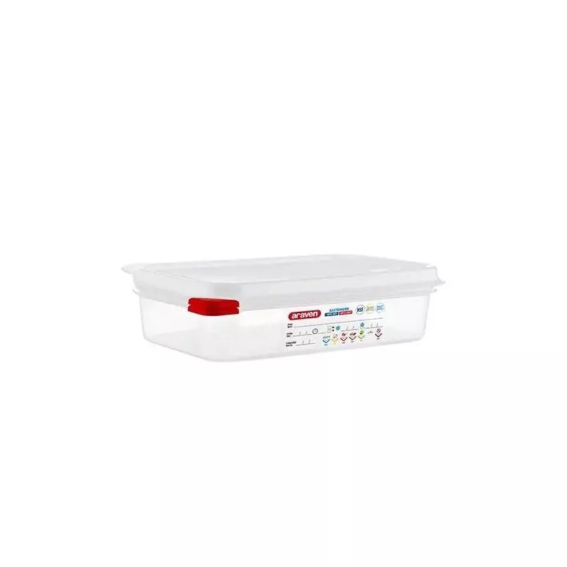 CUBETA ARAVEN 3026 1.8 L transparente con tapa roja, ideal para almacenamiento en cocina y organización.