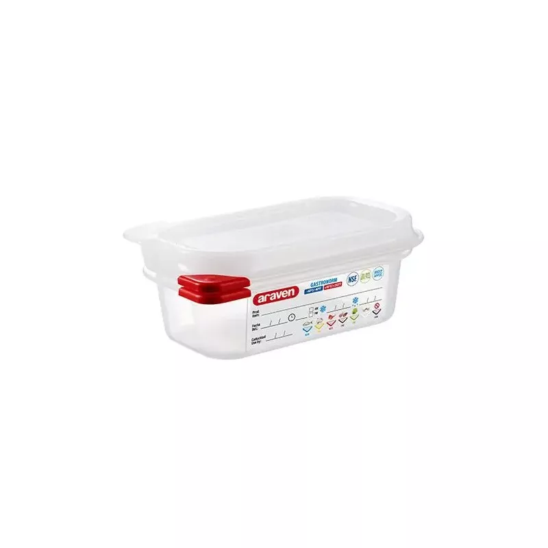 CUBETA ARAVEN 3020 0.6 L transparente con tapa roja, ideal para almacenamiento de alimentos.