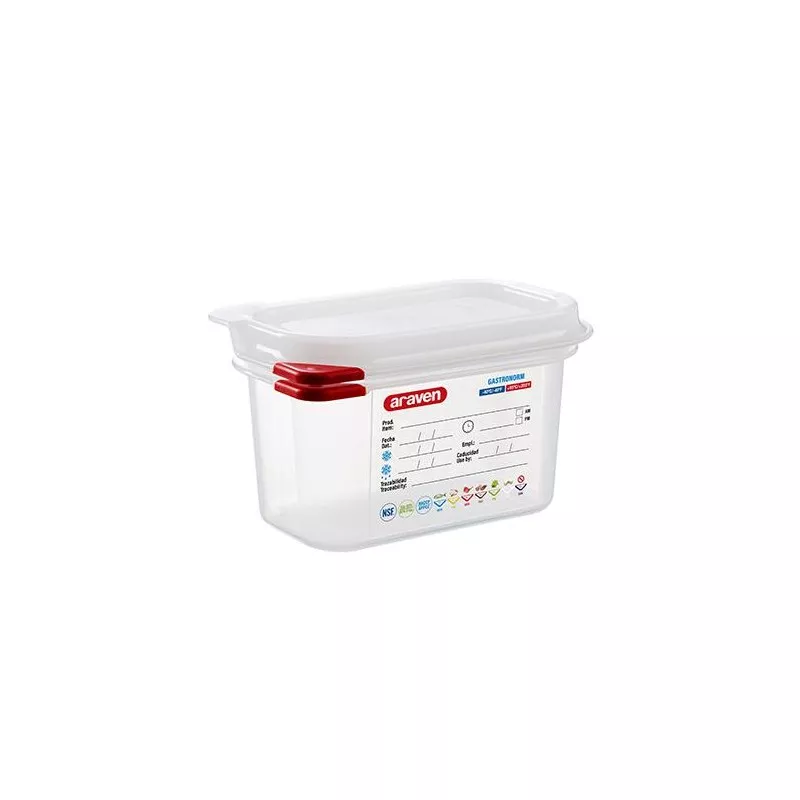 CUBETA ARAVEN 3021 1 L transparente con tapa roja, material plástico y diseño funcional para almacenamiento.