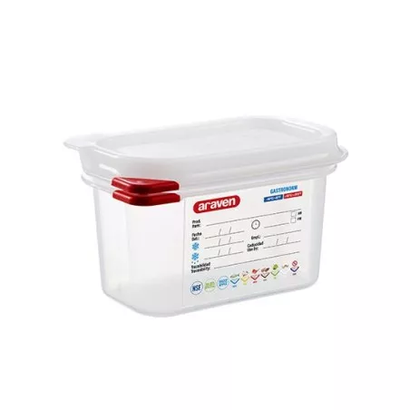 CUBETA ARAVEN 3021 1 L transparente con tapa roja, material plástico y diseño funcional para almacenamiento.