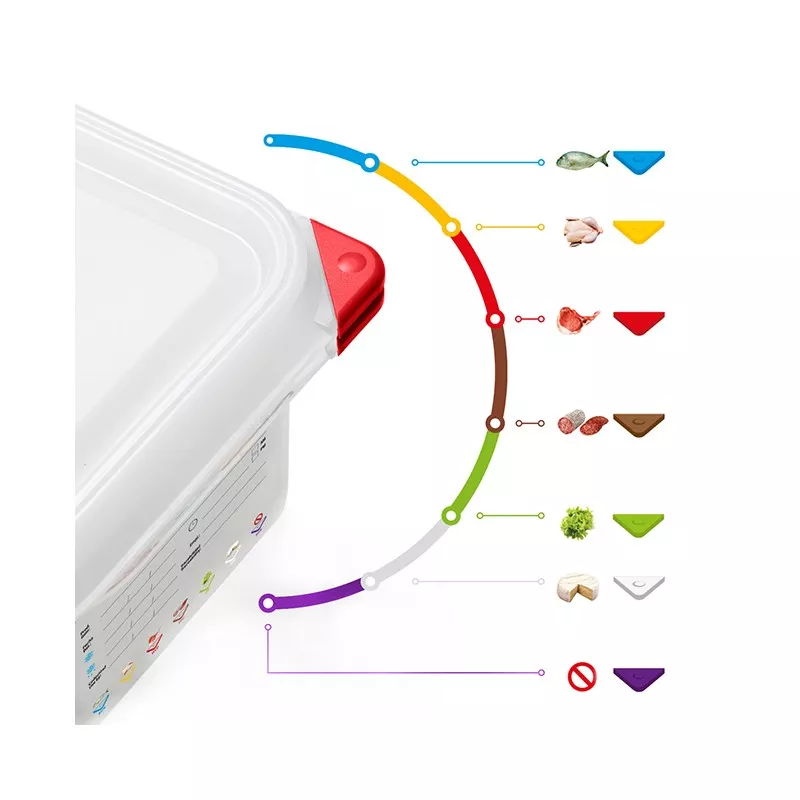 CUBETA ARAVEN 3037 20,5 L de plástico transparente con tapa roja y sistemas de clasificación de alimentos.