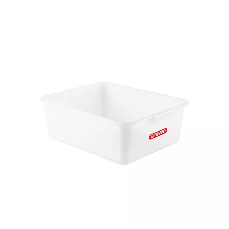 CUBETA ARAVEN 1134 20L. HONDA de plástico blanco, diseño rectangular con asas laterales para fácil manejo.