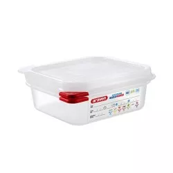 CUBETA ARAVEN 3023 1.1 L de plástico transparente con tapa roja y diseño cuadrado ideal para almacenamiento.